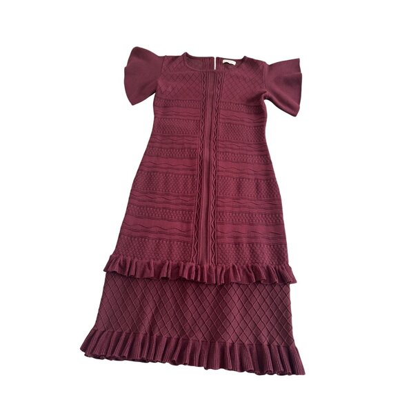 Bohme Knit Textured Burgundy Dress With Ruffle Trim & Puff Sleeves .Size L - Picture 1 of 10